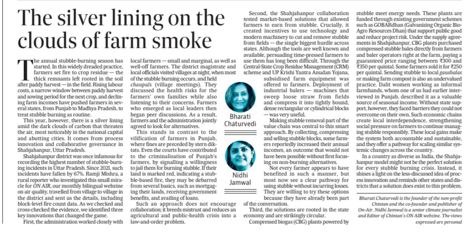Bharati09's tweet photo. Why did Shahjahpur in  #UttarPradesh reduce stubble fires by 67% from 2021. 

By the collaboration between the farmers and the DM and other officials. And together, they helped the farmers make money and find a market for the stubble. 

That’s what #OnAir - @ChintanIndia bilingual webzine devoted to air quality revealed this month,  thanks to @ramji3789 

What was the innovation at play? Read this oped in @htTweets by @JamwalNidhi and myself as we further reveal the inner working of process innovation. 

@CAQM_Official @moafjm