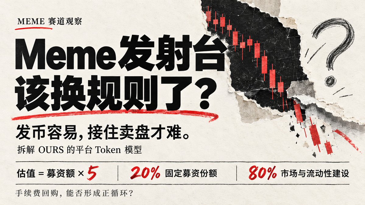 10k_whale's tweet photo. 从 Pump 到各类仿盘，Meme 发射台确实把发币门槛降到了零。但狂欢背后，整个赛道陷入了不可持续的恶性死循环：

🚨 一、 传统 Meme 发射台的三大系统性绝症

开盘即巅峰：项目往往以虚高的完全稀释估值起步，缺少真实流动性支撑，稍微有一点获利盘抛售就断崖式崩盘。

Dev 偷跑与内盘狙击：项目方在 Bonding Curve 阶段靠小号低价扫走巨量筹码，一到毕业迁移就全砸给二级接盘侠，99% 的代币活不过 24 小时。

底池浅如纸：迁移到 DEX 后流动性极其薄弱，大户稍微出一点货就会引发连环踩踏，沦为纯粹的跑得快 PvP 游戏。

很多人以为 Meme 拼的是谁的故事好听，但在老交易员眼里，决定项目生死的从来不是叙事，而是底层的筹码架构与退出流动性深度。

📐 二、 解读 OURS 模型：用数学公式重构发币规则

仔细研究了 @ours_meme 官方公布的模型机制，他们没有停留在做一个简单的“发币按钮”，而是试图用一套硬约束的博弈模型重构发射台：

❶ 5 倍估值硬锚定彻底废除项目方随意开价的虚高估值逻辑。起步估值被严格锁死为实际募集资金的 5 倍，从数学源头压缩泡沫，给二级市场的真实价格发现留出健康的抬升台阶。

❷ 20% 社区固定硬顶池早期社区份额固定为 20%，规避了传统发射台上 Dev 肆意分配内部份额的暗箱操作，让早期支持者在透明的规则下共同持有真实筹码。

❸ 80/20 资金强制切分这是该模型最硬核的防御设计：
 
▫️ 80% 募资款直接永久注入 DEX 锁死底池：为代币构建极其厚实的流动性护垫，极大降低了滑点脆弱性和连环砸盘风险。 

▫️ 20% 用于运营与智能合约安全审计：专门设立储备池应对技术漏洞与长期维护，避免项目上线即弃养。

❹ 交易手续费回购闭环传统发射台的交易手续费要么被平台独吞，要么被 Dev 提走砸盘。OURS 模型将交易过程中的摩擦手续费接入协议回购引擎：交易换手越频繁，回购资金越充裕，将无意义的投机换手直接转化为二级市场的托底买盘。

🧠 
整个加密市场经历了几轮疯狂洗牌后，纯空气叙事的寿命正在以天为单位衰减。
散户不是傻子，在被无数个开盘即归零的土狗收割后，大家要的是确定性的底池深度、无法撤退的流动性锁，以及能把开发者、做市商和持币人利益绑在一起的正向飞轮。

如果一个平台能把募资 80% 锁流动性 + 5倍理性估值 + 手续费回购做成无需信任的代码闭环，它解决的就是整个 Meme 发射赛道最核心的信用赤字。

赛道下半场，拼的不再是谁会画大饼，而是谁能用最优雅的数学和游戏机制保护真实玩家。这个模型值得持续跟踪。

#OURS #Meme #Launchpad #Tokenomics #DeFi #Trading