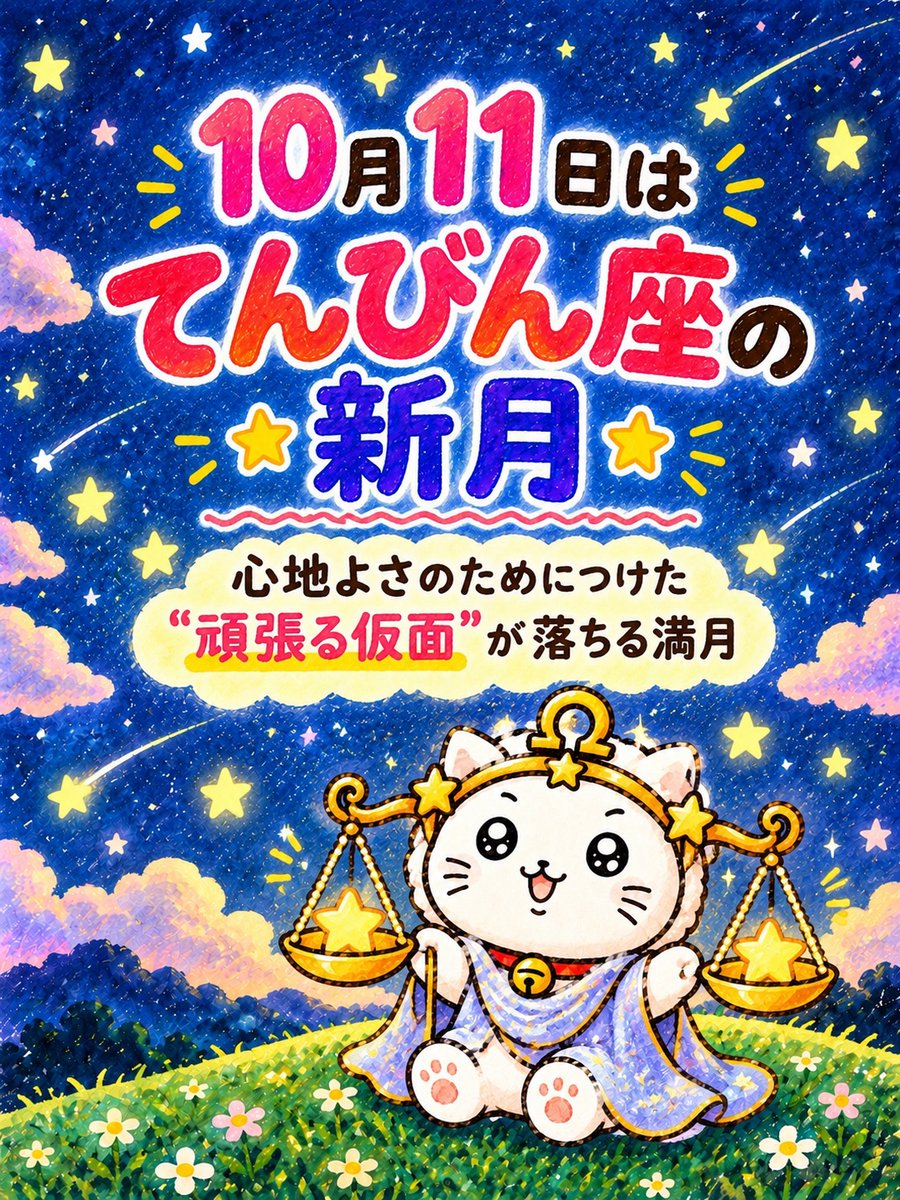 shironeko_7para's tweet photo. １０月１１日は『てんびん座の新月』。天秤座はパートナーシップ、対話、公平さを司る星座。大切な人と心地よい関係を築くために「自分がやったほうが早いから」「もっとがんばらなきゃ」と気づかないうちに飲み込んでしまった言葉や、偏ってしまったバランスを整え直すタイミング。今日オススメの…

開運アクション３つを紹介するね。

①「どう見られたいか」より
「どう在りたいか」を書き出す。

→「思ったことを素直に伝えられる自分」
「仕事も大切な人との時間も楽しめる自分」
誰かにとっての理想ではなく、自分が心地よくいられる姿を想像してみて。

② 人間関係で無理していたことを見直す。

→「いつも相手の都合を優先していた」
「挑戦したいことがあるけど、したら関係が崩れてしまうんじゃないかと行動できずにいた」など、当たり前になっていた我慢や遠慮に目を向けてみて。

③「会いたい人リスト」をつくる。

→今すぐ会える人じゃなくても大丈夫。
憧れのあの人、いつか話してみたい人、参加してみたいコミュニティ。「こんな人と出会いたい」という気持ちがあなたに大切なことを教えてくれるよ。

「バランスを取る」というのは
決して「きれいに半分コ」することではないよ。
得意なこと、不得意なこと、好きなこと、嫌いなこと、昔は平気だったけど、今は負担することが苦しいこともある。

大切な人と心地よい関係を築くためにつけた
"がんばる仮面"の裏には「失いたくない本音」「手放すのが怖い執着」があったりするかも。

今日は自分を押し込めていたものと向き合って
あなたが本当に生きたい「自分」を解放してみて。

あなたの人生はあなたのもの。
すてきな１日になりますように。