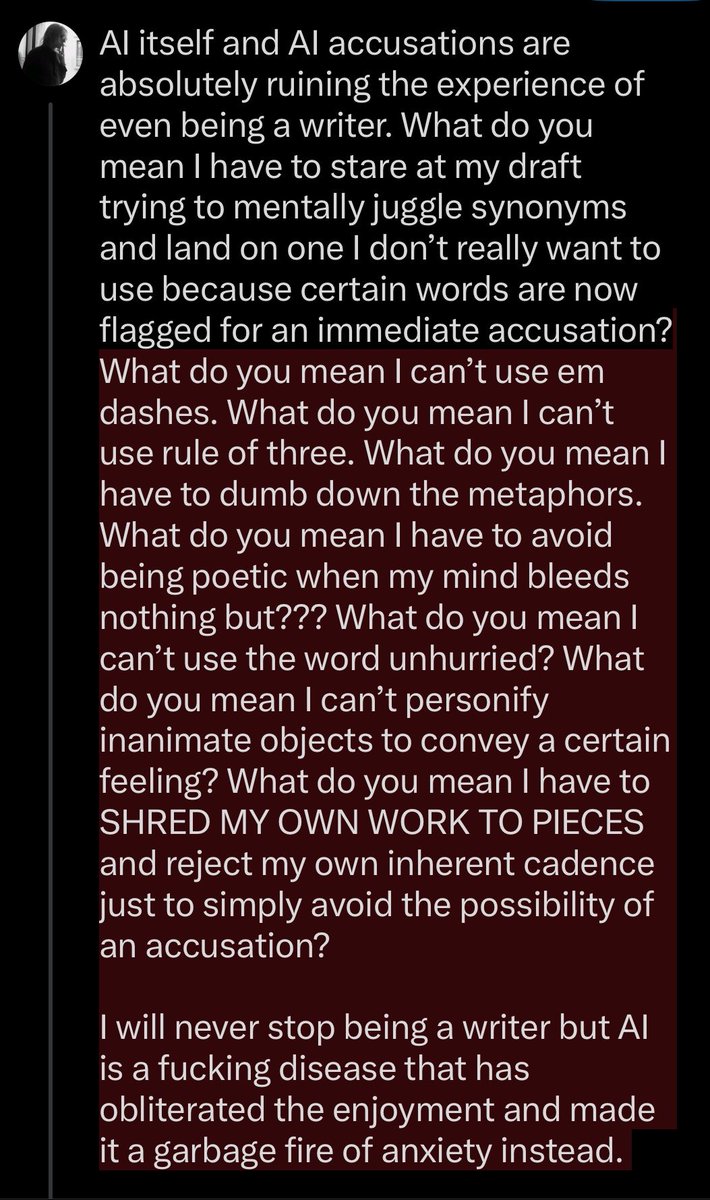 vvitchfangs's tweet photo. Fuck AI but also fuck avoiding writing styles for the sake of avoiding an accusation. Write however you write. Don’t use AI. The rest is just screaming into the void. https://t.co/aoIKdZJyvd