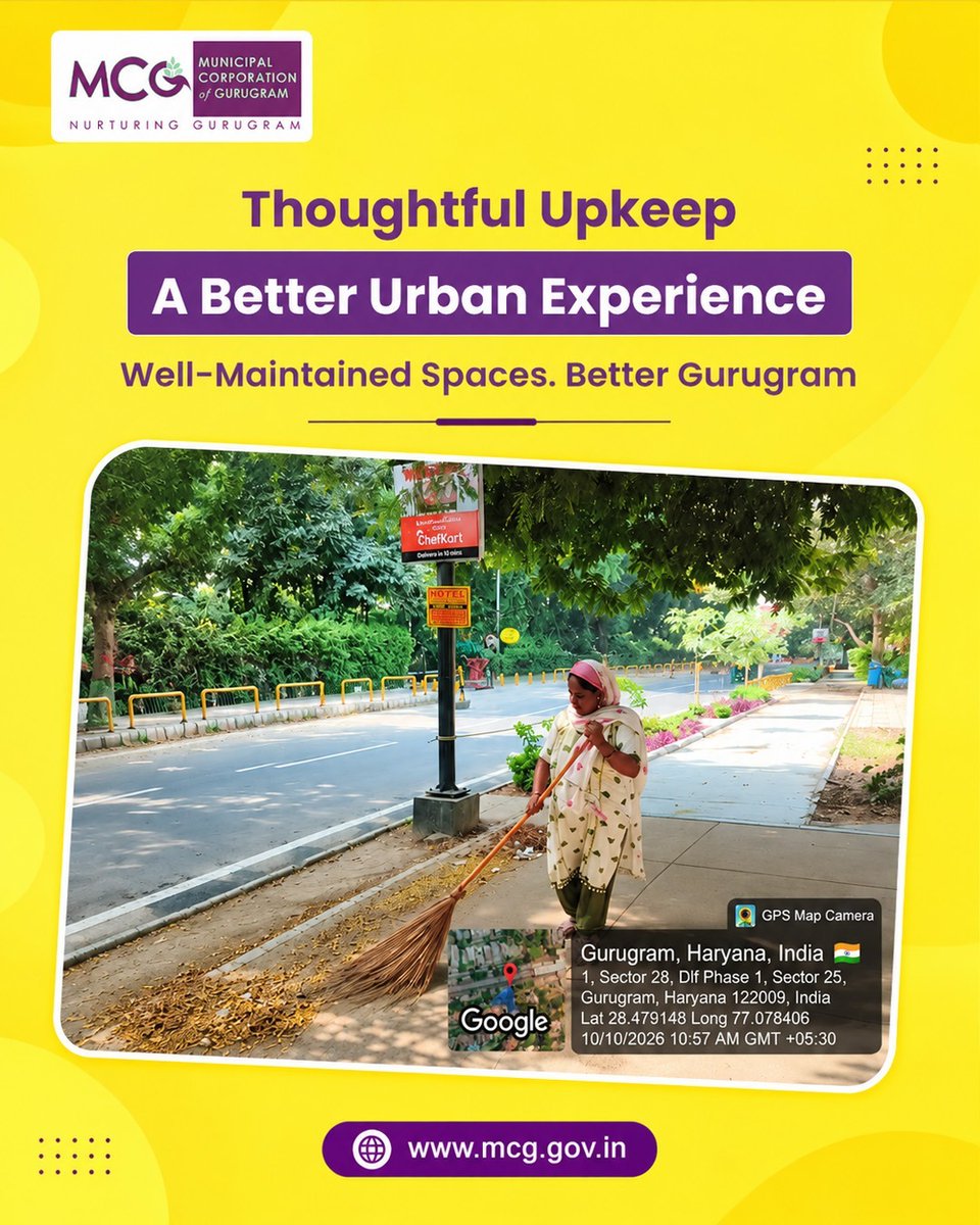 MunCorpGurugram's tweet photo. Every clean walkway reflects consistent care. MCG sanitation teams continue regular footpath sweeping and roadside cleaning to maintain cleaner, more welcoming public spaces across Gurugram.
#MCG #SwachhGurugram #SanitationDrive #CleanGurugram #TeamMCG #CleanerGurugram #OnGroundAction #CleanerRoads #BetterGurugram #Gurugram
@MoHUA_India @YTKDIndia @SwachhBharatGov @SwachhBharat @MoHUA_India @MoJSDDWS @cmohry @NayabSainiBJP @Rao_InderjitS @VipulGoelBJP @csharyana @DiprHaryana @PradeepIAS_HR @OfficialGMDA @CPCB_OFFICIAL @CAQM_Official