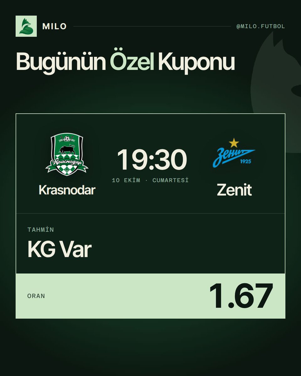 milo_futbol_'s tweet photo. Bugünün özel kuponu Milo’da 🎟️
Krasnodar – Zenit
KG VAR · 1.67
Link: https://t.co/sAuIPyO7CV
#Milo #MiloApp #Futbol #Kupon #YapayZeka https://t.co/ybLyq3rM7A
