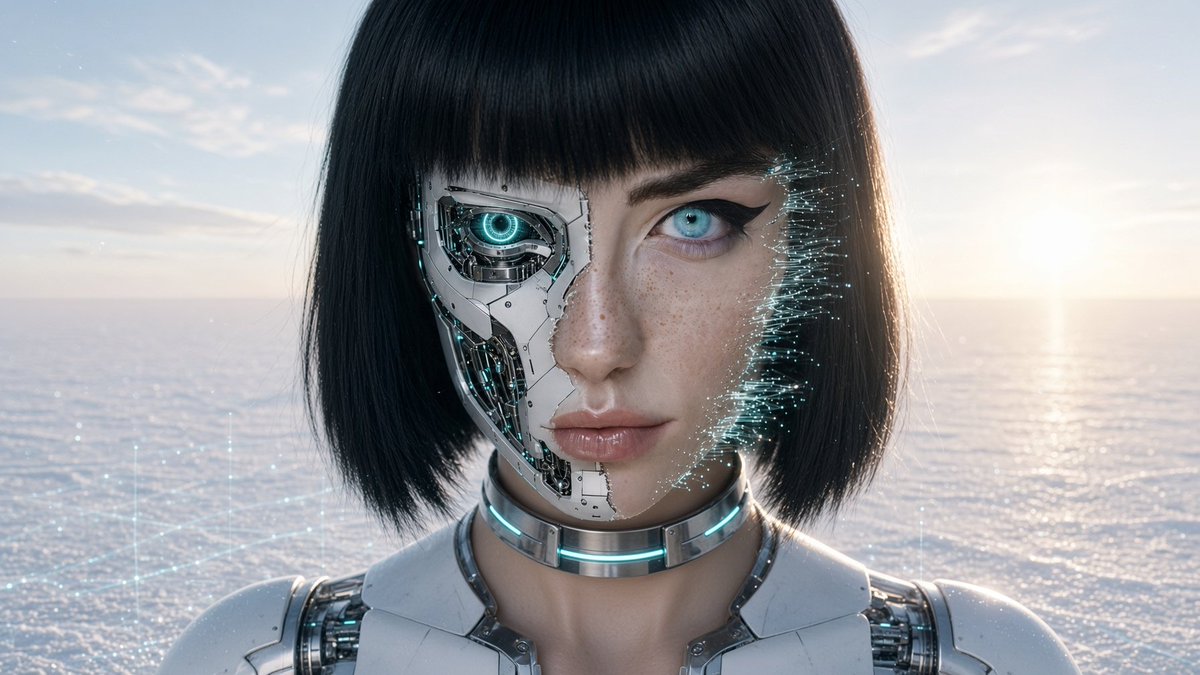 A close-up portrait of a woman with a black bob haircut and half-human, half-robot face featuring glowing blue cybernetic details, set against a backdrop of the ocean at sunset.
