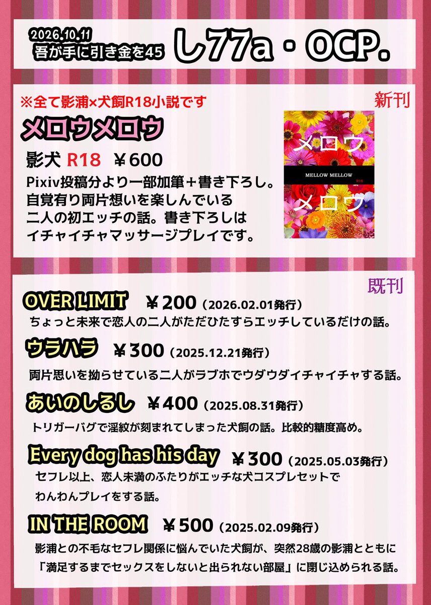 oct246trigger's tweet photo. 明日のイベントは南2ホール・し77a「ＯＣＰ.」で参加しております。新刊1冊、既刊5冊となります。「あいのしるし」「ウラハラ」は各残部1冊となります（🐯さんに若干在庫有り）全てエ口本なので年齢確認のご協力をお願いいたします。 https://t.co/3CzoqJDnDq