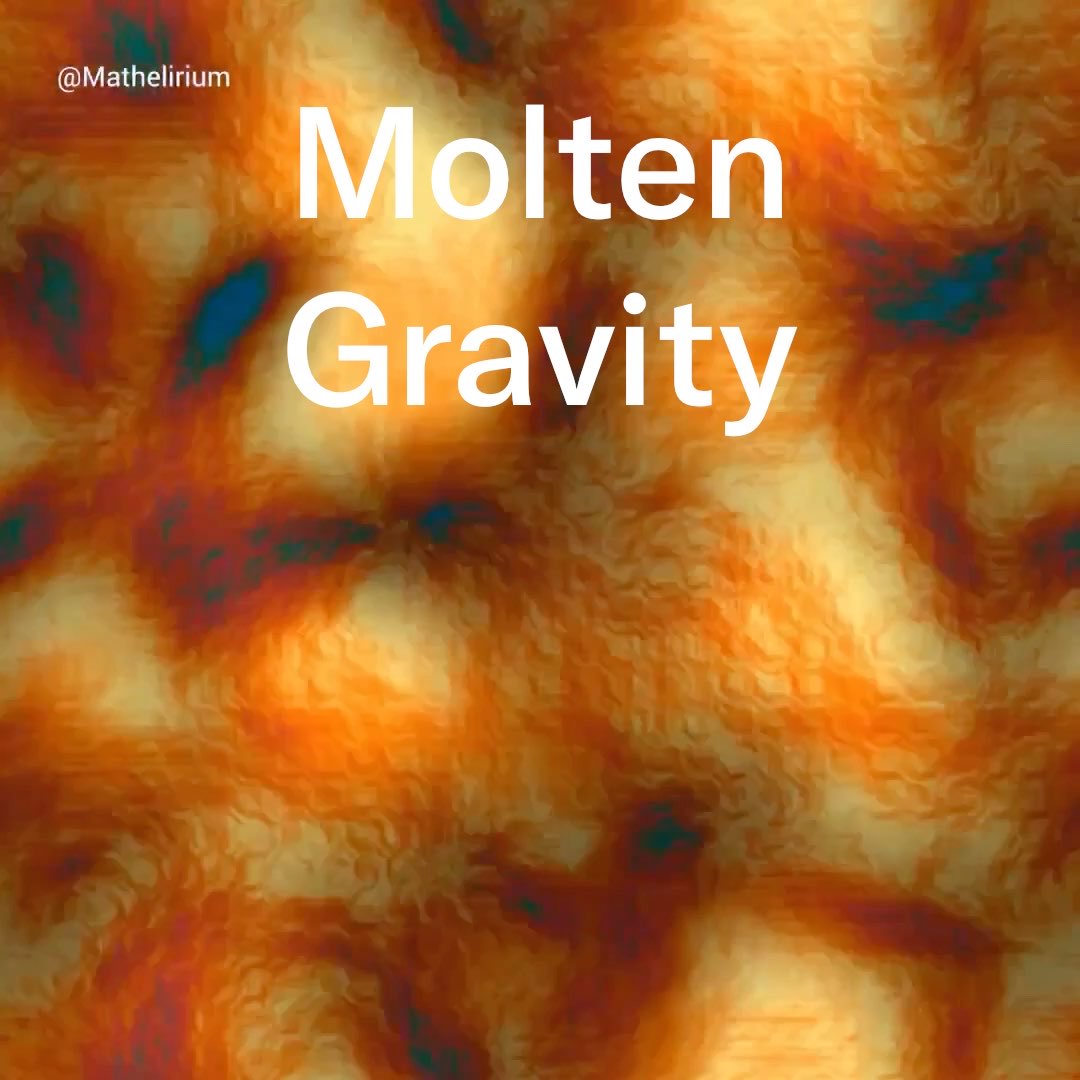 An artistic graphic with an abstract orange, yellow, and blue textured background featuring the text 'Molten Gravity' by @Mathelirium.