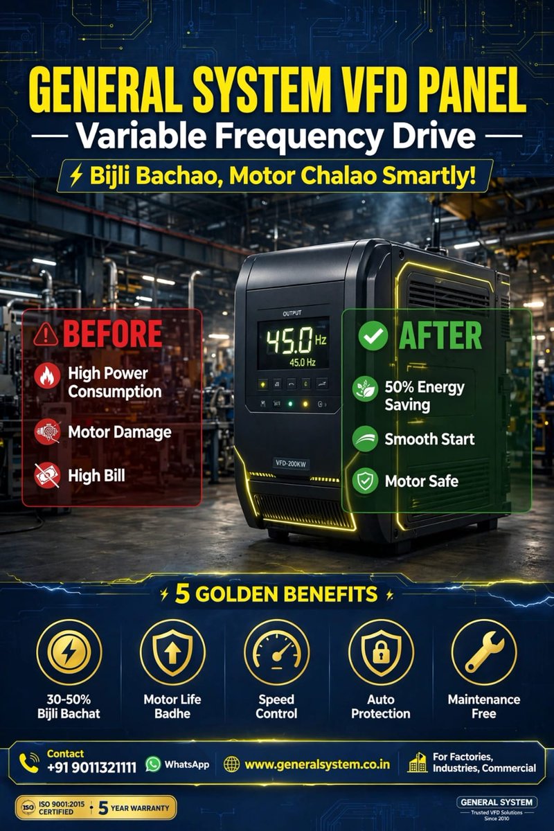 GeneralContext's tweet photo. Bijli ka bill dekh ke BP high hota hai? 😅

GENERAL SYSTEM VFD PANEL lagao,
Bill ko low karo! 📉⚡

Contact karo aaj hi 👇
📞 9011321111
🏢 GENERAL SYSTEM

#BijliBachat #VFD #BusinessTips https://t.co/66fhnYjFZs