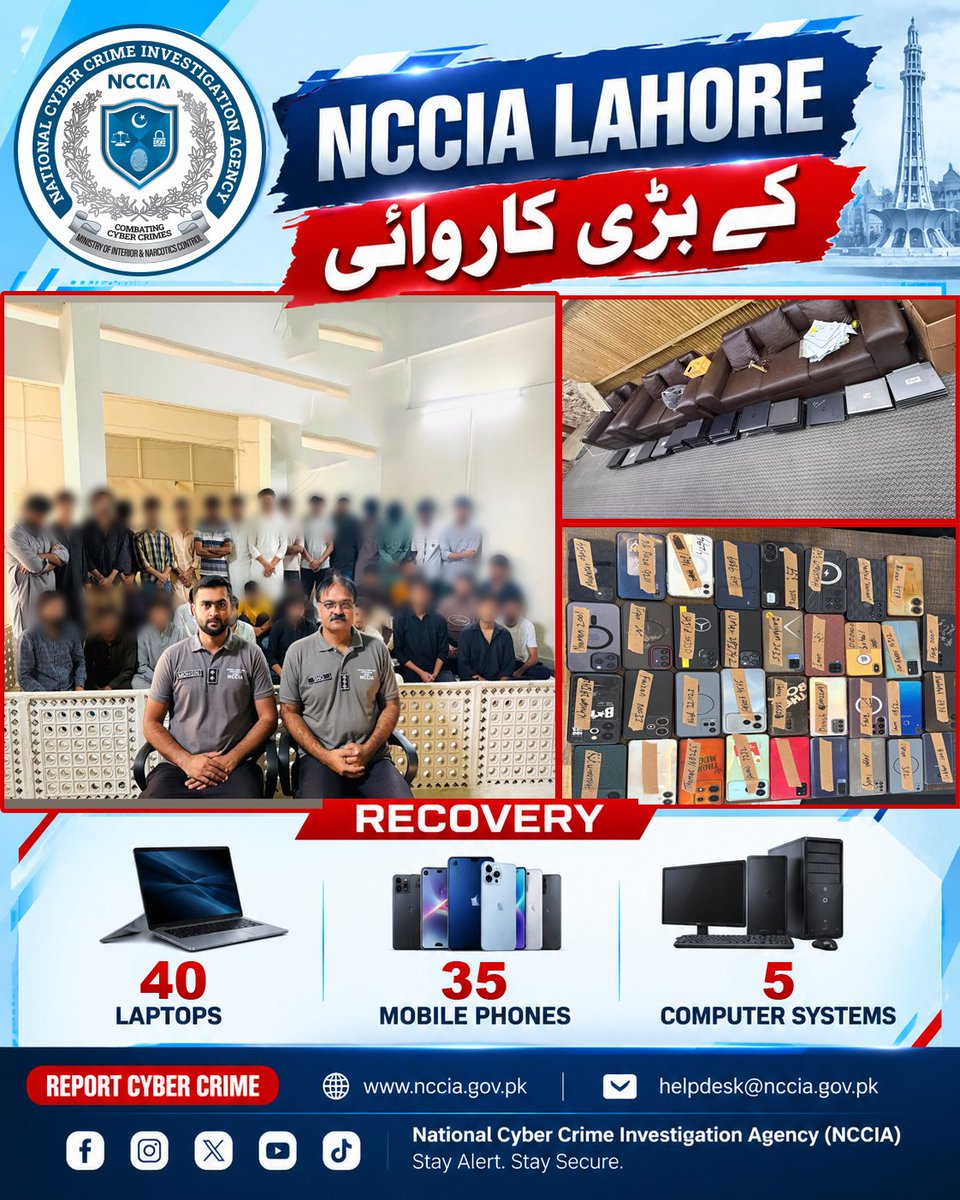 NCCIAOFFICIAL's tweet photo. MAJOR ACTION AGAINST ILLEGAL CALL CENTRE BY NCCIA LAHORE

NCCIA Lahore has arrested 37 suspects during a raid on an alleged illegal call centre in Johar Town, Lahore, suspected of targeting US citizens through organized cyber-enabled financial fraud.

The operators allegedly impersonated representatives of US-based mobile service providers to obtain customers’ credit/debit card credentials under the pretext of selling mobile phones, which were allegedly used for unauthorized financial transactions.

Recovery: 05 CPUs, 40 laptops and 35 mobile phones. Preliminary examination of digital devices reportedly revealed software and data linked to the alleged activities.

FIR has been registered under the relevant provisions of PECA 2016 and PPC. Further investigation is underway.

#NCCIA #NCCIALahore #IllegalCallCentre #CyberCrime #FinancialFraud #InternationalCyberCrime #Pakistan