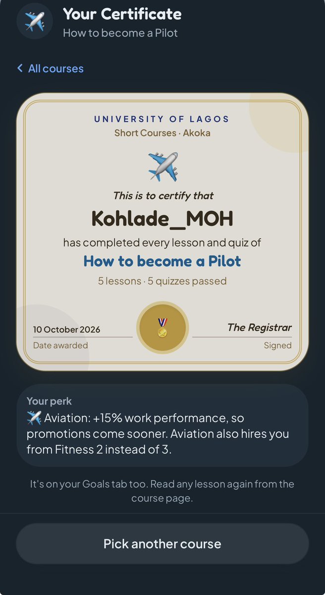 KohladeMOH's tweet photo. To my ever courageous and forward looking LagosLifers,

Growth is a continuous journey, and leadership demands a commitment to learning, service, and excellence.

Having successfully completed my Aviation course at UNILAG, your pilot is certified and ready for takeoff! ✈️ https://t.co/j59zJPmlQ8