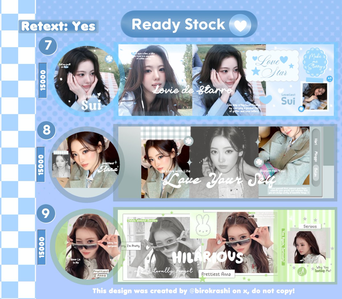 birokrashi's tweet photo. Help repost? Thank you🥹🫶✨️

Halo, aku punya 9 layout  ready stock gg: Juun h2h, yeon h2h, anna meovv, &amp; sui kiiikiii, free retext yaw, yg mau jajan bisa ketuk dm ku ya⛱️ terima kasih❣️❤️ https://t.co/cmGkLIYPPa