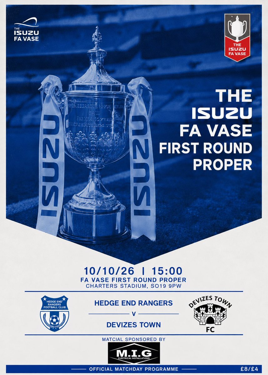 HedgeEndRangers's tweet photo. 🏆🔥 MATCHDAY | THE ROAD TO WEMBLEY CONTINUES! 🔥🏆

THIS IS IT. THE BIGGEST GAME IN OUR CLUB’S HISTORY. 🔵⚪️

50 years in the making, and today we take another step into the unknown as Hedge End Rangers compete in the FA Vase First Round Proper for the very first time!

We welcome Devizes Town, who play a level above us, to the Mortgage Decisions Stadium with a place in the next round and another piece of club history on the line.

Six years ago, days like this were nothing more than a dream. Today, we’re living it. 💙

Over 260 of you packed the ground in the last round, creating an incredible atmosphere. Today, we need you again!

📣 NO SAINTS GAME TODAY! So why not come down, bring your friends, bring the family and experience the magic of the FA Vase right on your doorstep?

⚔️ Hedge End Rangers v Devizes Town
🏆 FA Vase – First Round Proper
📅 Saturday 10th October
⏰ 15:00 KO
🏟 Charters Stadium
📍 SO19 9PW
🎟 Adults £8 | Concessions £4
🍔🍺 Food & Bar Available

BE THERE. BE LOUD. BE PART OF HISTORY. 🔵⚪️

🏟️ ONE CLUB. ONE DREAM. ONE ROAD TO WEMBLEY.

Our Town. Our Club. Our Future. 💙

#RoadToWembley #FAVase #ProudToBeARanger #UpTheRangers #MakingHistory #SupportLocal #NonLeagueFootball