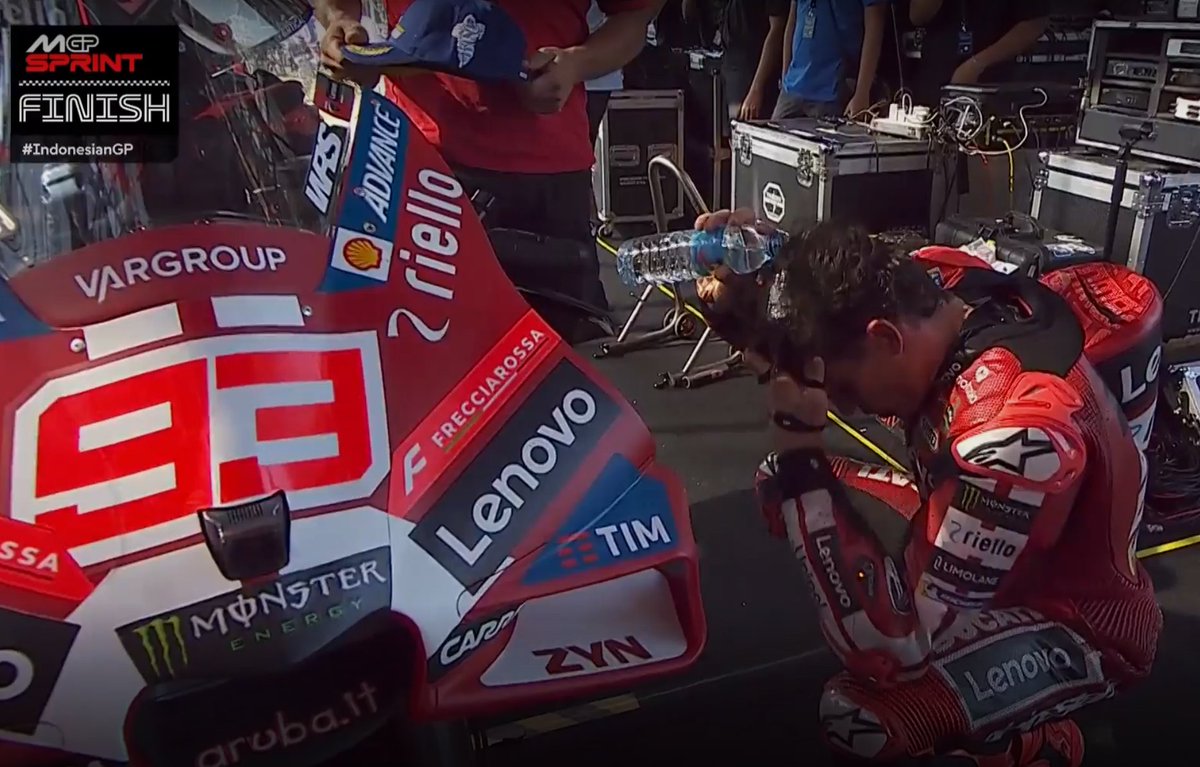 matoxley's tweet photo. Bloody hell 💥 Aprilia coulda been 1-2-3-4 today (and could be tomorrow), costing Marquez a load of points on title rival Martin. But he came out the winner, the two surviving Aprilias 2nd and 4th. First time MM93 has led the championship on points this season. And if you're wondering why he isn't smiling, it's because racing in this heat is agony. It's like wrestling with an oven, your throat burning from breathing scorching air, struggling to see through the sweat that gets flicked from your face onto the inside of your visor every time you hit the brakes. And tomorrow will be twice as painful 😩