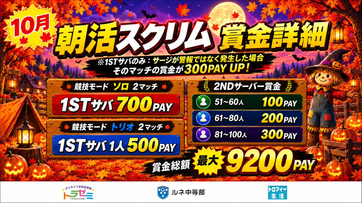 APF0401's tweet photo. #朝活　#トロフィー生活 　#賞金付き
【NEOS×APF朝活スクリム】

10/11日(日）1⃣0⃣時3⃣0⃣分〜

✅競技モード　ソロ2⃣試合
✅競技モード　トリオ2⃣試合

※１STサバはサージが一度でも発生すれば
そのマッチは賞金💰＋300PAYUP‼️

【参加条件・賞金詳細】は
プロフィール欄のリンクから
サーバー入室し、記載事項を確認して
マッチ開始までに達成してご参加ください