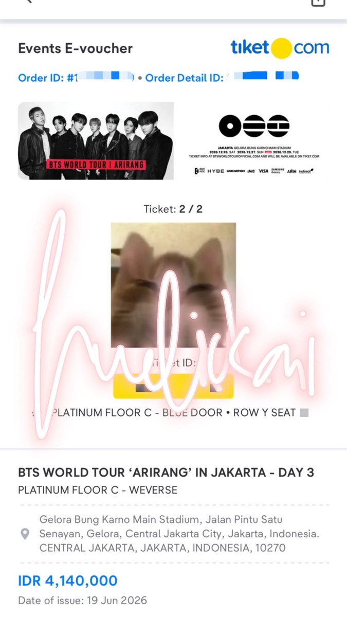 hueliokai's tweet photo. WTS - want to sell

BTS ARIRANG IN JAKARTA

🎟️ 1 tix Platinum Floor C Weverse
💺 Row Y Seat 10X
🗓️ Day 3 - 29 Dec 2026
🎫 5,5jt/tix (terima saat jadi wb)
💵 prefer DP &amp; pelunasan saat jadi WB
✅ COD Jkt (Sudirman/Benhil), Bogor

aku nntn day 2 jg, jd bole dm buat tanya2 yaa https://t.co/eNUdvGKDC9