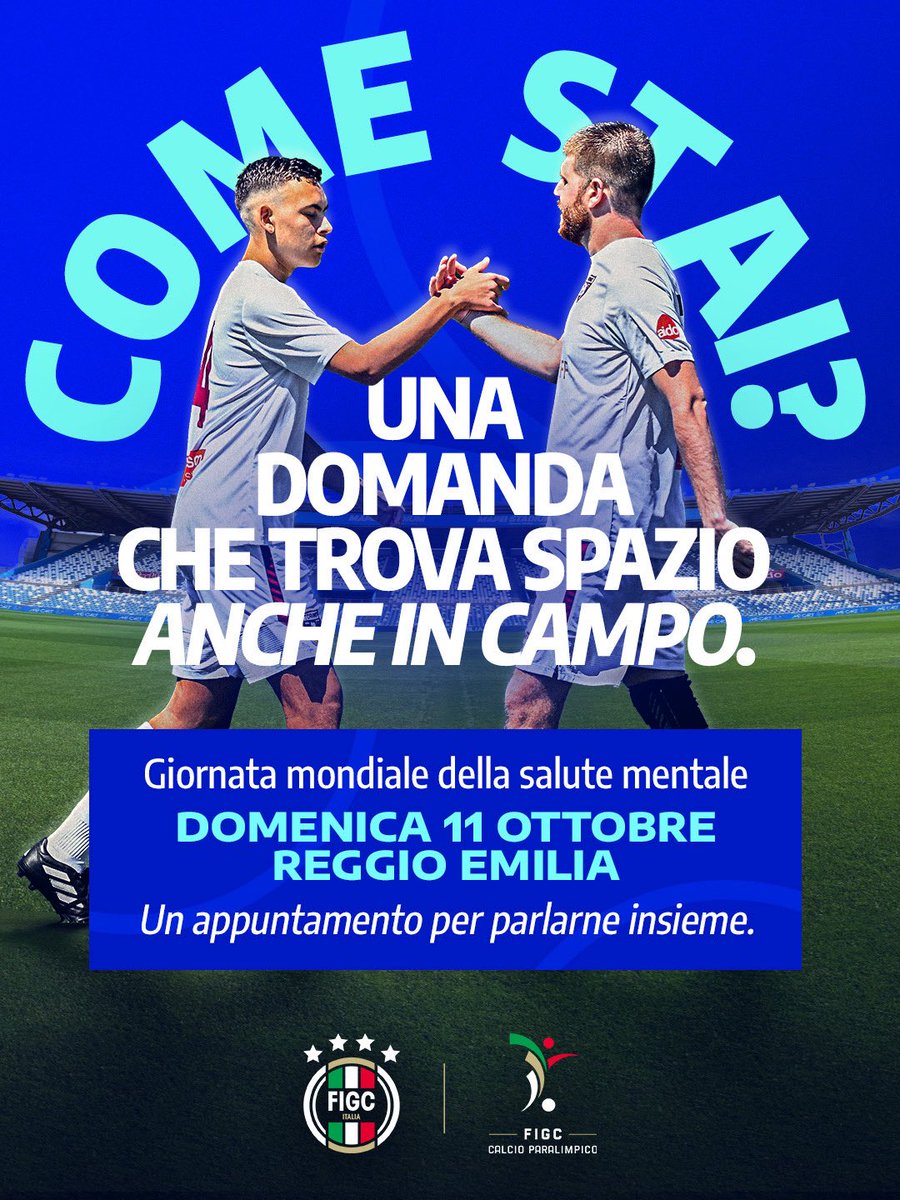 FIGC's tweet photo. Oggi è la Giornata mondiale della salute mentale. Il calcio fa la sua parte. 

Domani con la nostra Divisione Calcio Paralimpico saremo a Reggio Emilia per l’incontro “In campo per la salute mentale. Lo sport che unisce, l’ascolto che cura”.

🔗 https://t.co/ekeMzljB7n

#FIGC https://t.co/YYD4RxWK5H