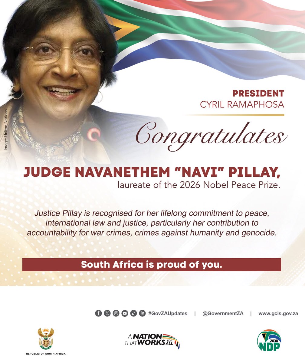 GovernmentZA's tweet photo. Honouring Judge Navanethem “Navi” Pillay, laureate of the 2026 Nobel Peace Prize, for her lifelong commitment to peace, international law and justice. 

#GovZAUpdates https://t.co/PIiKmaYBUe