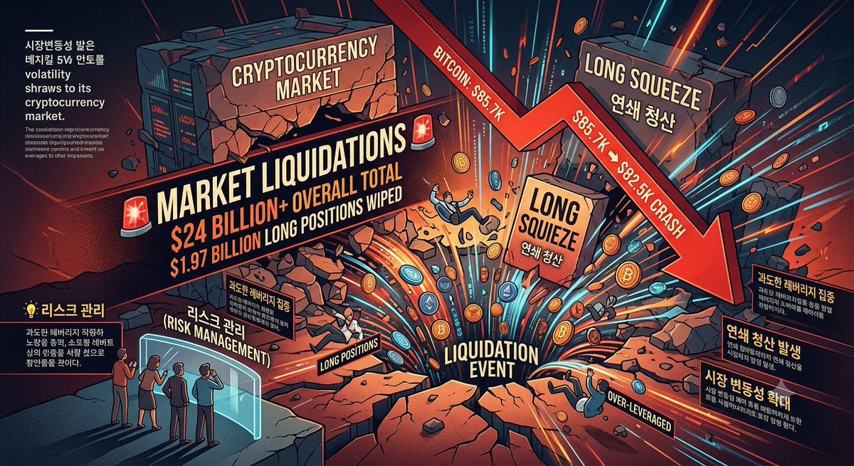 WHOLESSCOIN's tweet photo. 🚨 이번 주 암호화폐 시장 청산 및 하락 동향

 * 총 청산 규모: 이번 주 암호화폐 시장에서 24억 달러 이상의 포지션이 강제로 청산되었습니다.

 * 비트코인 가격 추이: 비트코인이 $85.7K에서 $82.5K 구간으로 급락하며 시장 전반에 하방 압력을 가했습니다.

 * 롱 포지션 피해: 하락 과정에서 롱(매수) 포지션이 19.7억 달러 규모의 막대한 손실을 입으며 청산의 대부분을 차지했습니다.

📈 주요 시장 특징

 * 과도한 레버리지 집중: 비트코인이 $85.7K 부근에 머물 당시 추가 상승을 기대하며 진입했던 매수세(롱 포지션)가 집중되어 있었음을 보여줍니다.

 * 연쇄 청산(Long Squeeze) 발생: 가격이 지지선 아래로 밀려나면서 강제 청산 물량이 쏟아져 나왔고, 이것이 다시 하락을 부추기는 악순환이 작용했습니다.

 * 시장 변동성 확대: 단기간에 가격 변동폭이 커지면서 방향성을 예측하기 어려운 고위험 장세가 이어지고 있습니다.

> 💡 변동성 장세 리스크 관리 팁

> 급격한 등락이 반복되는 시장에서는 과도한 레버리지 사용을 피하고, 철저한 손절매 기준과 분할 접근 전략을 통해 예상치 못한 손실 리스크를 방어하는 것이 중요합니다.
>
