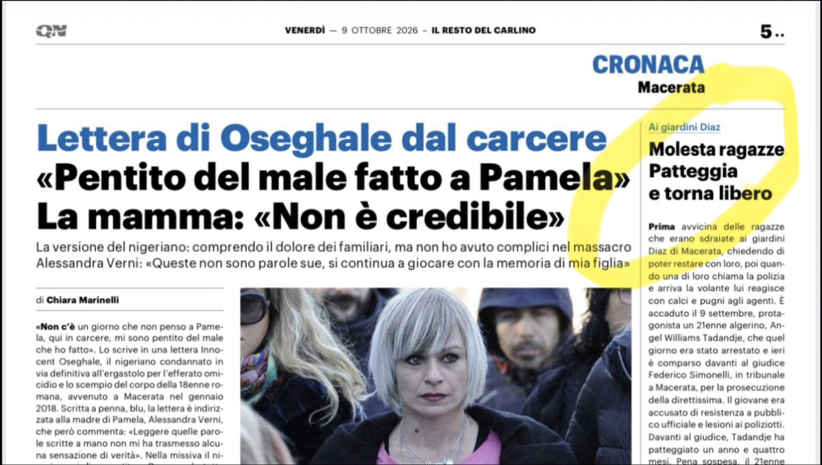 fratotolo2's tweet photo. Ieri avevo scritto dell’algerino che, dopo aver molestato delle ragazzine ai Giardini Diaz (lo stesso luogo dove è stata adescata Pamela Mastropietro da Oseghale), era tornato subito in libertà, dopo aver patteggiato un anno e 4 mesi di reclusione.

Appena tornato libero, ha occupato la casa di una donna: nonostante la resistenza alle Forze dell’ordine, l’algerino è stato denunciato A PIEDE LIBERO.