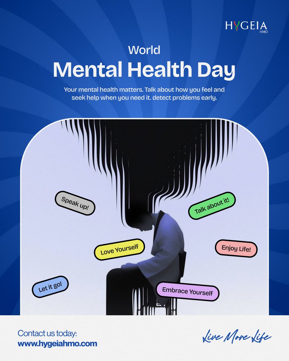 HygeiaHMO_'s tweet photo. You take care of your body. Remember to take care of your mind too. 💚  Check in with yourself. Check in on someone you love. And remember, asking for help is a sign of strength, not weakness.  Your mental health matters.  #WorldMentalHealthDay #MentalHealthMatters  #HygeiaHMO https://t.co/kRTX1nlMAN