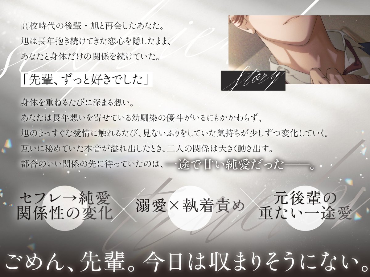 toki_suga_info's tweet photo. ／
CV #一条ひらめ 様
10/31新作発売✨
あらすじをご紹介！
＼

都合のいい関係の先に待っていたのは、
一途で甘い純愛だった——。

先輩、ずっと好きでした
セフレのち純愛
～臆病者どもの恋のなれのはて～【音声版】

10月31日（土）0:00
DLsiteがるまににて発売開始！

📢発売から28日間限定📢
【10％OFF】でお楽しみいただけます✨
このお得な機会にぜひ♥️

▼お気に入り登録はこちら！
https://t.co/PkFkDgumaT