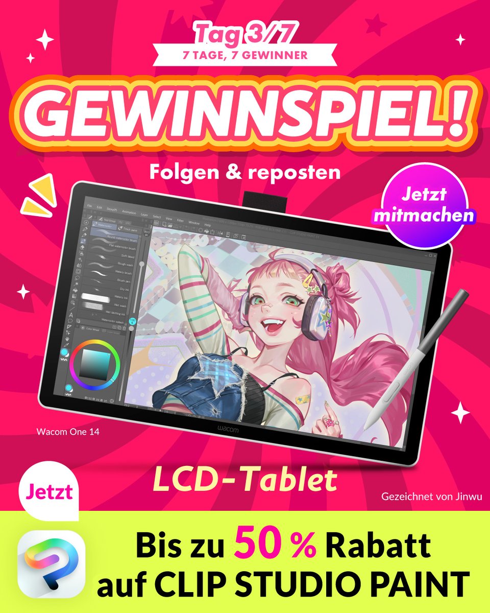 clipstudiopaint's tweet photo. LCD-Tablet-Verlosung

Jeden Tag ein LCD-Tablet gewinnen!✨
Insgesamt 7 Chancen!

Jeden Tag wird ein LCD-Tablet verschenkt!
Folge &amp; reposte diesen Beitrag. Jeder kann mitmachen!
Bis 15.10., 10:00 (MESZ)
https://t.co/P1TZkdF46f https://t.co/OIWDJpVMy2