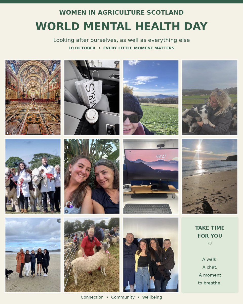 WiAScot's tweet photo. 💚🌾 World Mental Health Day

From fresh air to family time, our WiAS committee share the little things that support their wellbeing.

Remember, you matter too! 💚

#WorldMentalHealthDay #WomenInAgriculture https://t.co/Umio1SXAkd