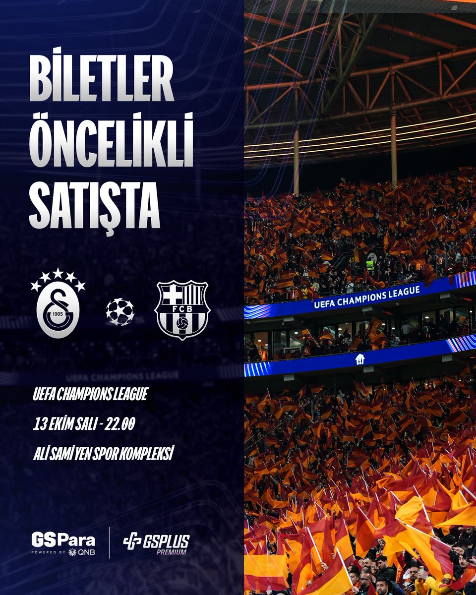 GalatasaraySK's tweet photo. 🦁 SALI AKŞAMI 50.000 ASLAN ALİ SAMİ YEN’DE! 💪 

🏟️ UEFA Şampiyonlar Ligi’nin 2. haftasında FC Barcelona ile 13 Ekim Salı günü saat 22.00’de Ali Sami Yen Spor Kompleksi’nde oynayacağımız maçın biletleri GSPlus Premium ile GSPara Kredi ve Banka Kartı sahiplerine 𝗼̈𝗻𝗰𝗲𝗹𝗶𝗸𝗹𝗶 olarak SATIŞTA! #GSvFCB

🎫 Bilet satın almak için 👉 https://t.co/dyxLKpOaPD