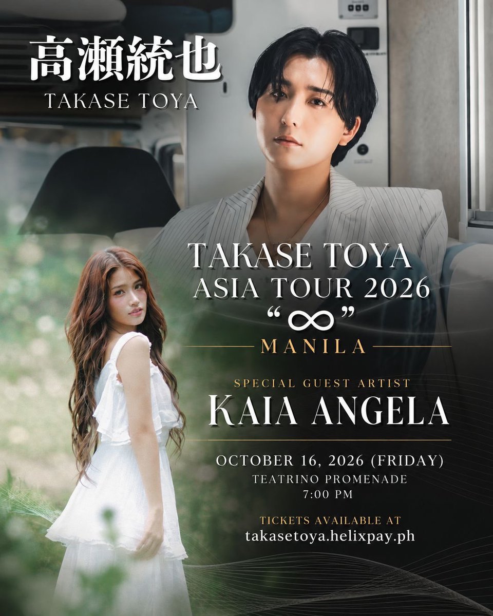 KAIAOfficialPH's tweet photo. [KAIA Events]

🇯🇵 J-POP MEETS P-POP! 🇵🇭✨

Two sounds, two cultures, one stage! 🎶

Our very own KAIA ANGELA is joining Japanese singer-songwriter TAKASE TOYA as a special guest artist for his ASIA TOUR 2026 “∞” – MANILA!

Get ready for a special night as Japanese and Filipino music come together for Takase Toya’s first-ever Manila concert! 💚

📅 October 16, 2026 (Friday)
📍 Teatrino Promenade, Greenhills
🕖 7:00 PM

🎟️ Tickets available at https://t.co/Sk0OrU4eOw

See you there, ZAIA! 🇵🇭🇯🇵

#JPopMeetsPPop #KAIA #KAIA_Angela #TakaseToya #TakaseToyaManila #AsiaTour2026