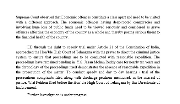 dir_ed's tweet photo. ED, filed Writ Petition No. 33845/2026 before the Telangana High Court on 23.09.2026, seeking a speedy, day-to-day trial and the personal appearance of all accused in the PMLA, 2002 Prosecution Complaints against Y.S. Jagan Mohan Reddy and 73 others in connection with allegations of large-scale corporate favors and massive quid pro quo investments into his family's companies, extended by the AP Govt during his late father Y.S. Rajasekhar Reddy's tenure as CM.