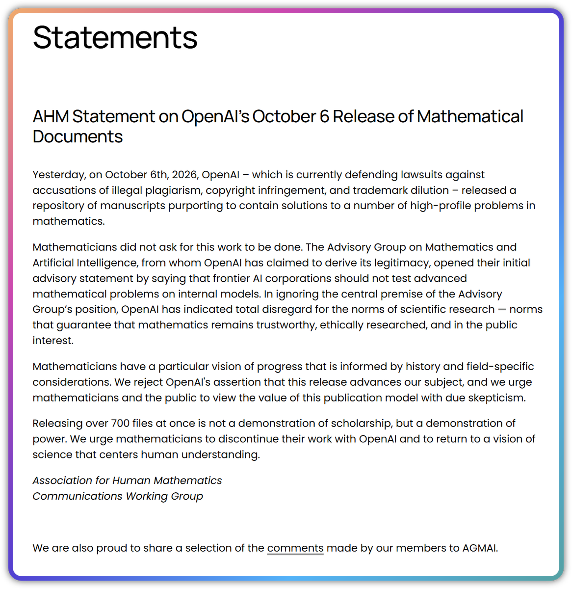 dhtoran's tweet photo. OpenAI, 700 manuscritos matemáticos de golpe: la escala de la IA, y a la AHM (Association for Human Mathematics) no le hace gracia.

¿Avance científico o simple demostración de fuerza?

https://t.co/kNRLXlDFqX https://t.co/aOigu4ts7w