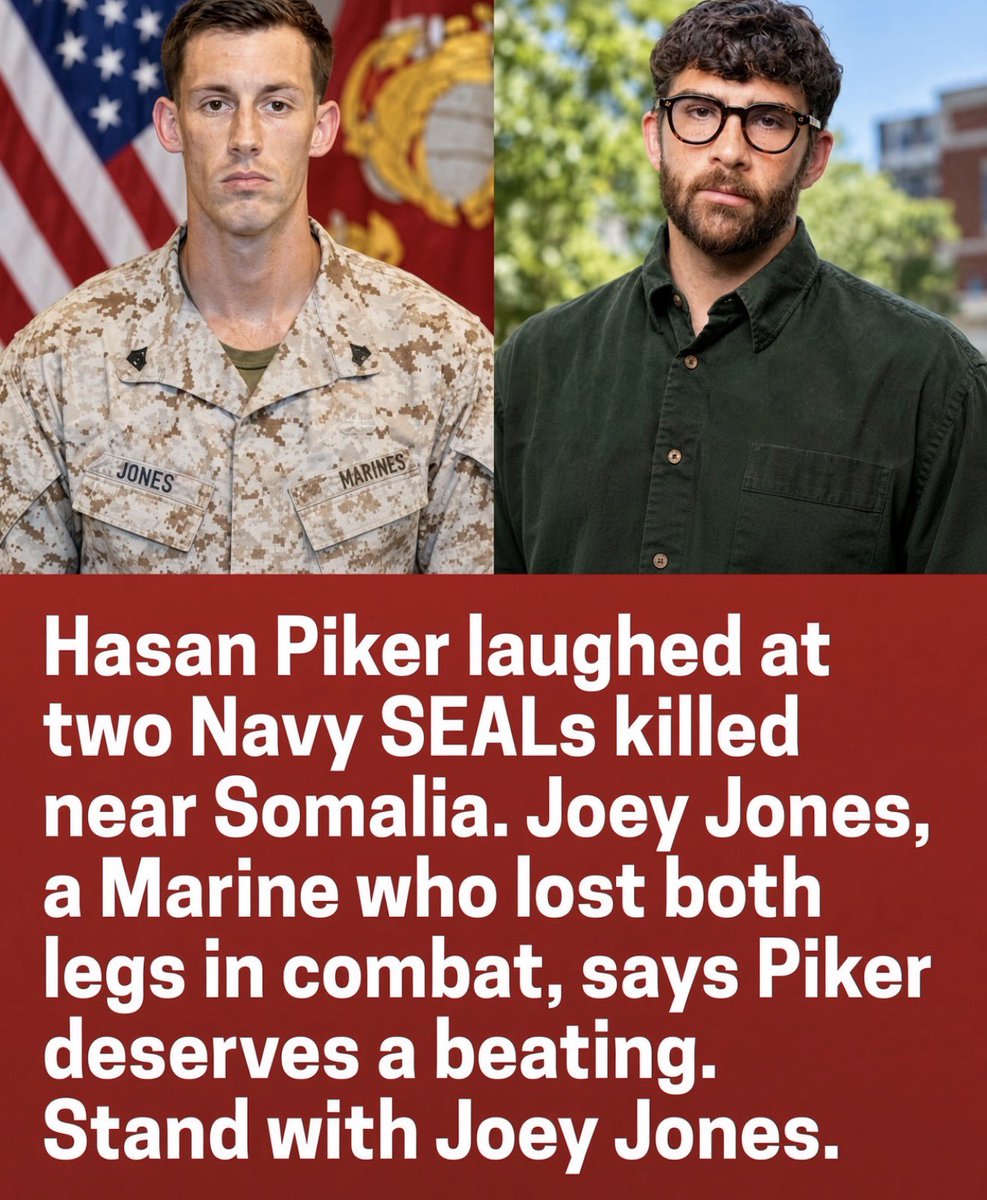 Luna_Jones79's tweet photo. Hasan Piker laughed at two Navy SEALs killed near Somalia. Marine Joey Jones, who lost both legs in combat, is calling him out for it. Do you stand with Joey Jones? https://t.co/6lqnnvqeGz