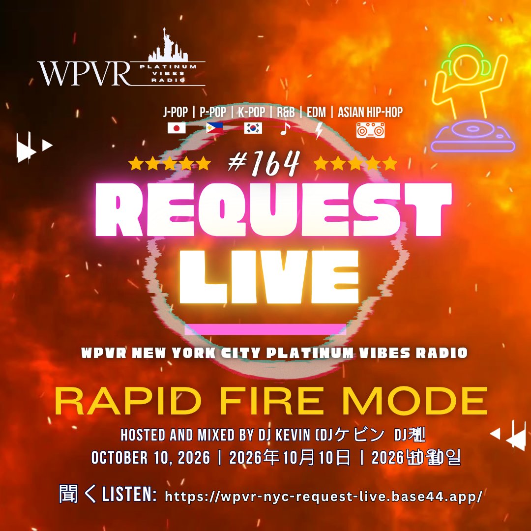 platinumvibes8's tweet photo. 🎉 Playing soon: October10, 2026 at 7:00 | 20:00 JST/KST....Greetings Platinum Community! Thank you for tuning in to WPVR NYC Platinum Vibes Request Live, Episode 164, hosted and mixed by DJ Kevin, taking your requests in J-Pop, P-Pop, K-Pop, and Asian Hip Hop. R&B and EDM.
The schedule for the special segments in this episode is:
🎶 Songs played at full length until 9:15
🎹 Ballads Section-9:20-10:10
🔥 Rapid Fire Mode Section (1 and a half to 2 minutes of each song is played)-10:20-11:00
Listen and submit your requests starting at 05:00 | 18:00 JST/KST at: https://t.co/NulrMzVIQg
#wpvr #wpvrrequests #wpvrrequestlive #DJKevin #jpop #ppop #kpop
