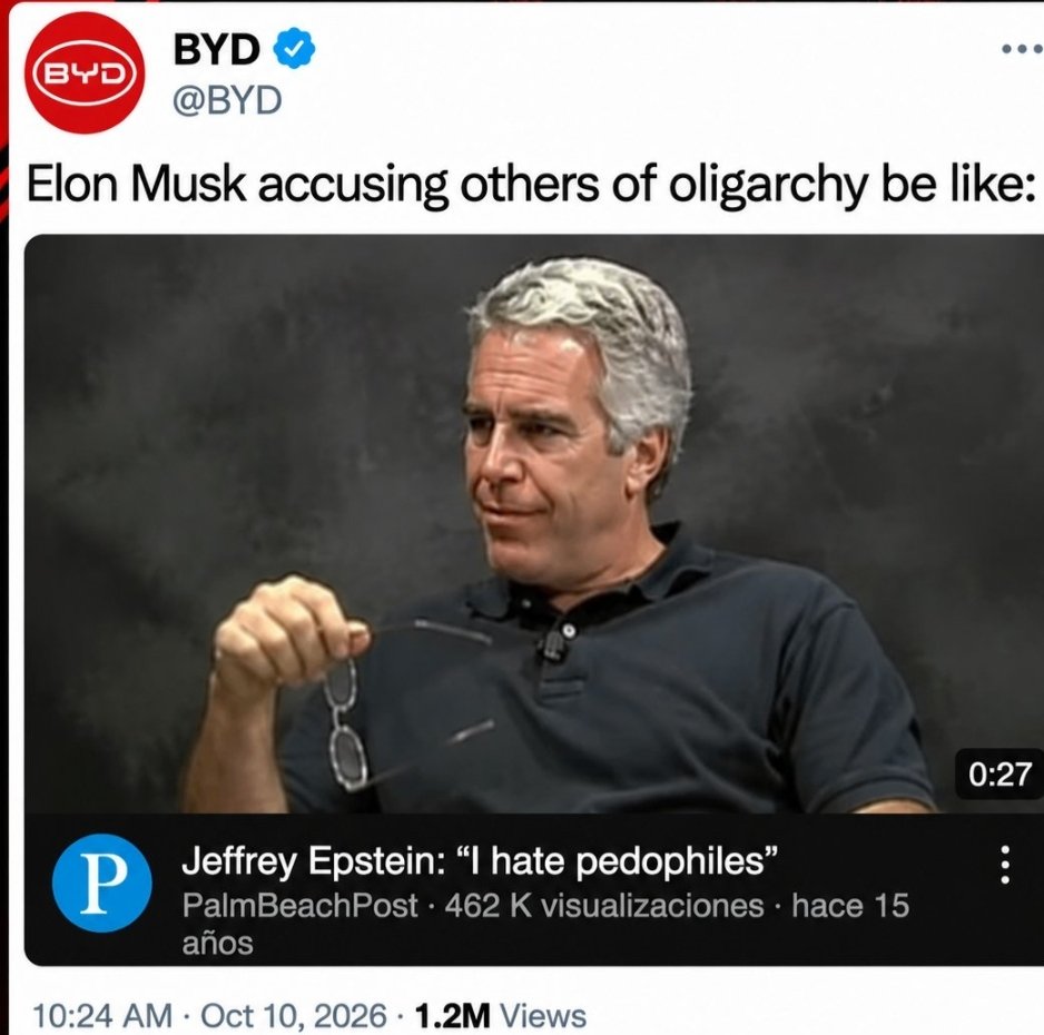 Aryavrat05's tweet photo. BYD is indirectly calling Elon Musk PEDOPHILE. 😭

@elonmusk https://t.co/Vx0IQVqWKN