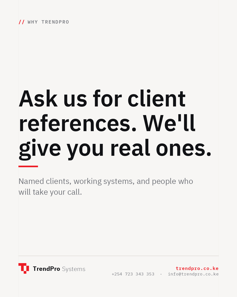 TrendPro_Kenya's tweet photo. Any firm can show you a portfolio. Ask for clients you can actually call. We'll give you names, working systems and people who will answer the phone.

Check out our website via      https://t.co/uc77ezo7iZ   and learn more 

#webapps #microsoftdynamics365 #trendpro https://t.co/OZkzJaf7RK
