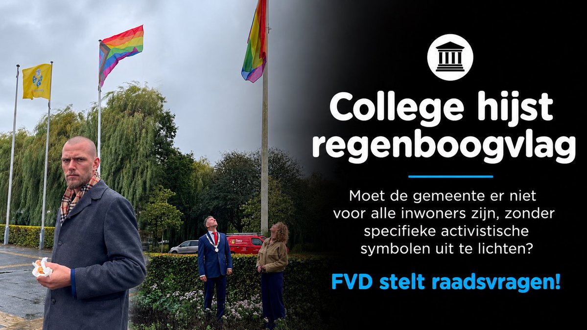 FVD_Teylingen's tweet photo. Teylingen hijst de regenboogvlag en draagt daarmee een specifieke maatschappelijke en zelfs activistische boodschap uit. Maar namens wie eigenlijk? En op basis van welk mandaat?

FVD vindt dat de gemeente er voor álle inwoners moet zijn. Daarom stellen wij kritische raadsvragen. https://t.co/5sV5U2HGGO