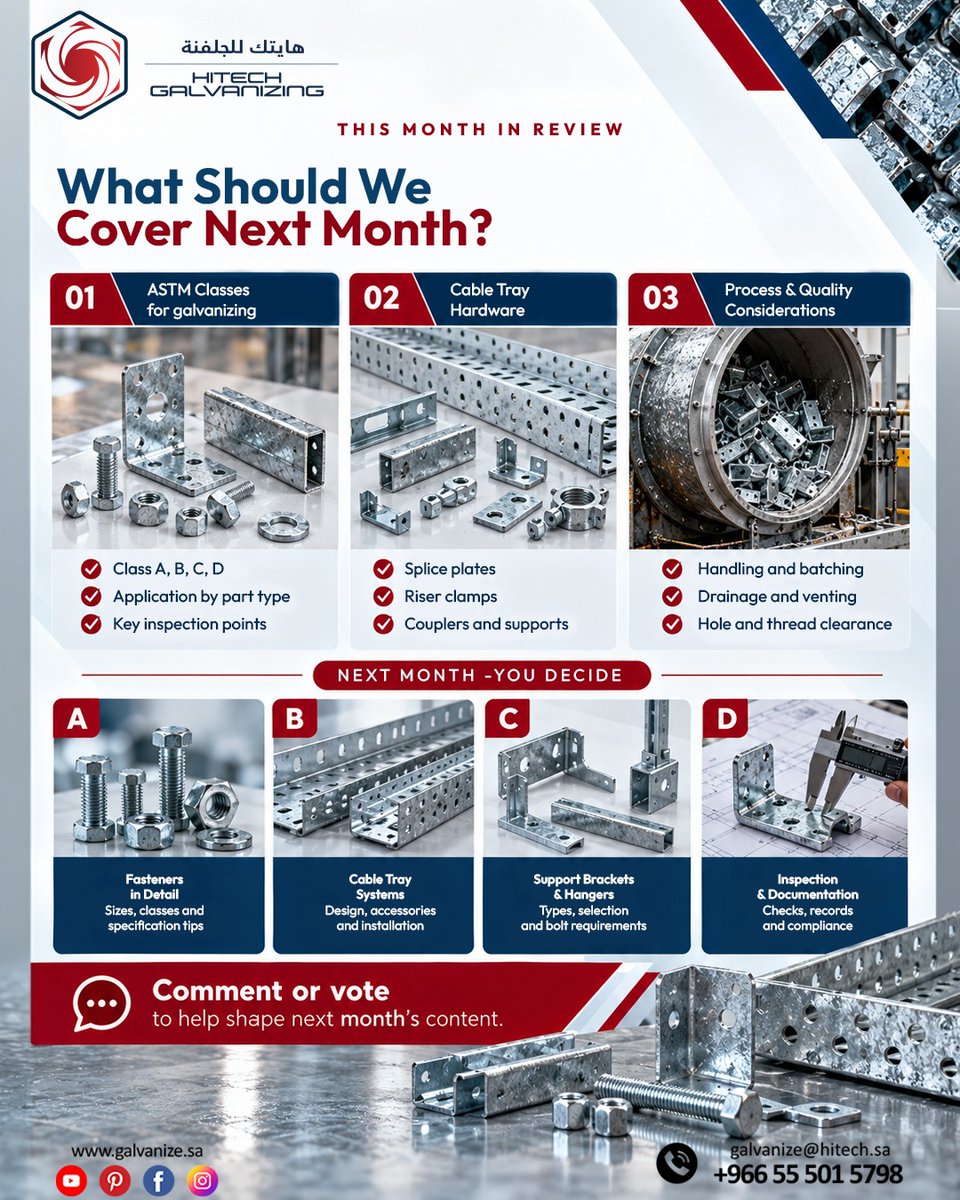spingalvanizing's tweet photo. 🔩 What Should We Cover Next?
🔹 A — Fasteners in Detail
🔹 B — Cable Tray Systems
🔹 C — Support Brackets &amp; Hangers
🔹 D — Inspection &amp; Documentation
📍 Riyadh, Saudi Arabia
📧 galvanize@hitech.sa
📞 +966 55 501 5798
🌐 https://t.co/Bgr97OAK8X
#HitechGalvanizing #SpinGalvanizing https://t.co/Gvfk3Jgjpb
