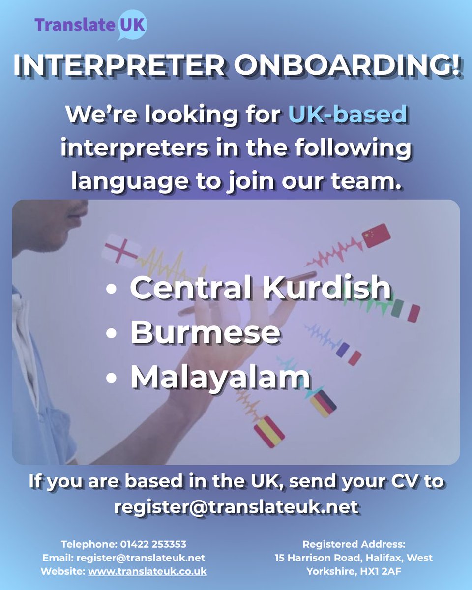 TranslateUK's tweet photo. We're looking for qualified interpreters based in the UK to join Translate UK!
Send your CV to register@translateuk.net
#TranslateUK #InterpretersWanted #LanguageServices #FreelanceInterpreter #UK #CommunityInterpreting https://t.co/jxF6FNwS2P