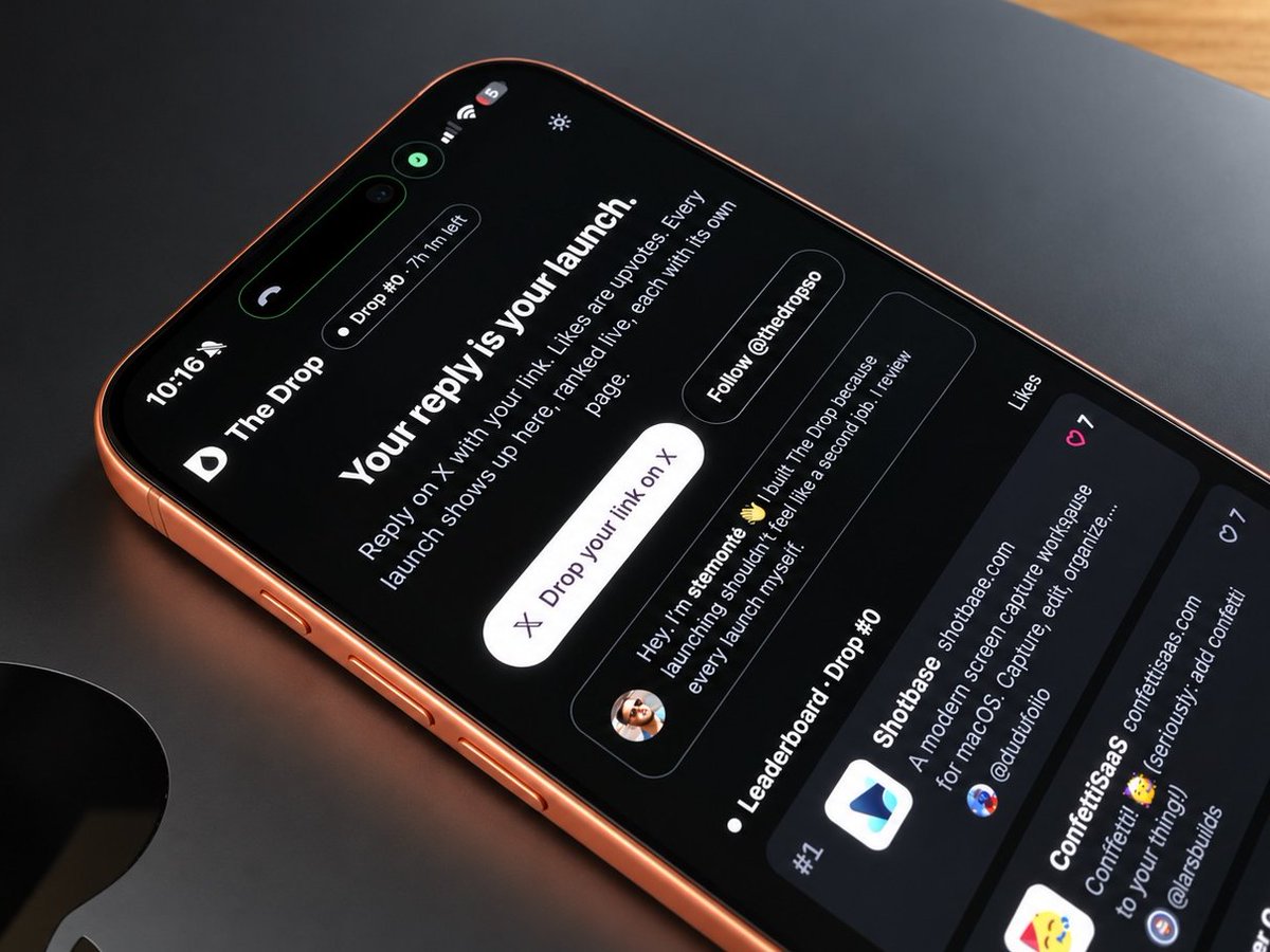 thedropso's tweet photo. Drop your product link and enter the race!

Only 7 hours left to steal the lead 👑

TheDrop #0 💧 (beta) is almost over!

- 18 launches.
- 58 upvotes.

@shotbaseapp is ahead of ConfettiSaaS by a few votes because it was submitted first!

Rules are rules. https://t.co/4tkER90hDy