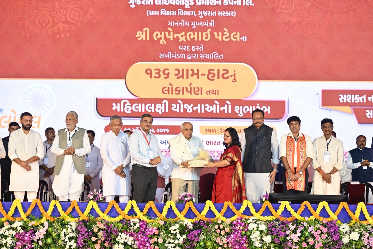 GlpcLivelihood's tweet photo. 🌸 સખી સશક્ત બનશે, ગુજરાત સમૃદ્ધ બનશે! 🌸

રાજકોટનાં રેસકોર્સ ગ્રાઉન્ડ ખાતે માનનીય મુખ્યમંત્રી શ્���ી ભૂપેન્દ્રભાઈ પટેલનાં વરદ હસ્તે સખીમંડળ દ્વારા સંચાલિત ૧૩૬ ગ્રામ-હાટનું લોકાર્પણ તથા મહિલાલક્ષી યોજનાઓનો શુભારંભ કરવામાં આવ્યો.

માનનીય મંત્રી શ્રી જીતુભાઈ વાઘાણી, માનનીય મંત્રી શ્રી કું��રજીભાઈ બાવળીયા તેમજ ગણમાન્ય અતિથિઓની ઉપસ્થિતિમાં આ કાર્યક્રમ યોજાયો.

મહિલાઓના આર્થિક સશક્તિકરણ, સ્વરોજગાર અને આત્મનિર્ભરતાને નવી દિશા આપતું ગુજરાત સરકારનું મહત્વપૂર્ણ પગલું. ✨

સશક્ત નારી, આત્મનિર્ભર ગુજરાત! 🌺

#GLPC #SakhiMand al #WomenEmpowerment #AtmanirbharGujarat #GramHaat #GujaratGovernment #SakhiSashaktikaran
