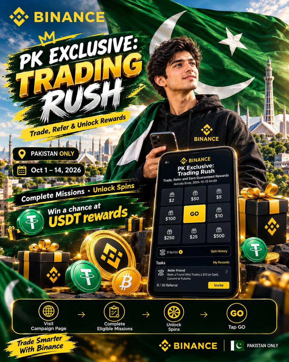 MianWah54380159's tweet photo. 🇵🇰 **PK Exclusive: Binance Trading Rush — Let’s Explore What’s New! 🚀**
 
As someone who enjoys exploring the crypto space and sharing useful updates with the community, I’m always interested in discovering new campaigns and interactive experiences.
 
Recently, I came across Binance Trading Rush, a Pakistan-exclusive campaign running from **October 1 to October 14, 2026**, and I wanted to share some interesting details with you all.
 
💡 **How Does It Work?**
 
The process is straightforward: visit the official campaign page, check the missions available to your account, complete eligible tasks, unlock spins, and tap **GO** for a chance to win USDT rewards.
 
🎯 **Here’s What You Can Explore:**
 
👥 **Invite Friends:** Eligible users can earn 2 spins when their invited friend signs up, completes KYC, and makes a qualifying trade of $10 or more, while the friend receives 1 spin.
 
📈 **Complete Trading Missions:** Depending on your eligibility, qualifying first trades on Spot, Convert, or Futures may unlock spins.
 
🪙 **Explore Supported Products:** Some missions may offer spins for subscribing at least 5 USDT to a supported product for the required duration.
 
💰 **Unlock More Opportunities:** Selected users may qualify for spins through eligible trades of $100 or more, while qualifying Futures activity of $10,000 or more may unlock 2 spins.
 
🎁 **Spin &amp; Win:** Each spin gives you a chance to receive rewards from the campaign prize pool, with prizes reaching up to **500 USDT per spin**. Remember, rewards are not guaranteed, and outcomes are random.
 
📅 **Campaign Period:** October 1–14, 2026
 
Eligible rewards can be redeemed through **Profile → Rewards Hub**, subject to the campaign rules and redemption requirements.
 
💭 **My Takeaway**
 
What caught my attention is how this campaign combines trading missions, referrals, and a spin-based reward experience. I believe it’s always worth understanding the rules, checking eligibility, and making informed decisions rather than focusing only on potential rewards.
 
I’m excited to keep exploring new developments in crypto and sharing useful information with this community. 💛
 
💬 **What do you think about mission-based crypto campaigns? Have you explored PK Exclusive Trading Rush yet? Let’s discuss in the comments!**
⚠️ : This post is for informational purposes only and is not financial advice. Crypto assets are volatile, and you may lose your invested amount. Participation, missions, and rewards are subject to official campaign terms and eligibility requirements. Trade responsibly.
 [https://t.co/zzvxH8rb4U]
 @binance @BinancePk @BinanceAcademy
#Binance #binanceacadmy #learnwithbinance #TradingRush #BinancePakistan #PKExclusive #Crypto #USDT #Web3