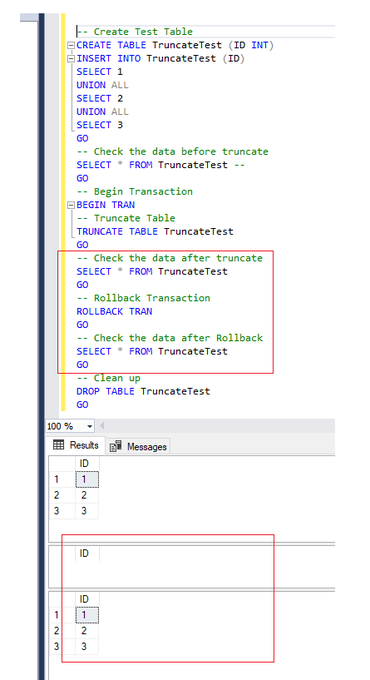 Dave_DotNet's tweet photo. Rollback a truncate in SQL Server example  ⬇️

It's a very common misconception that this isn't possible. The below snippet works. https://t.co/clLMM00W5g