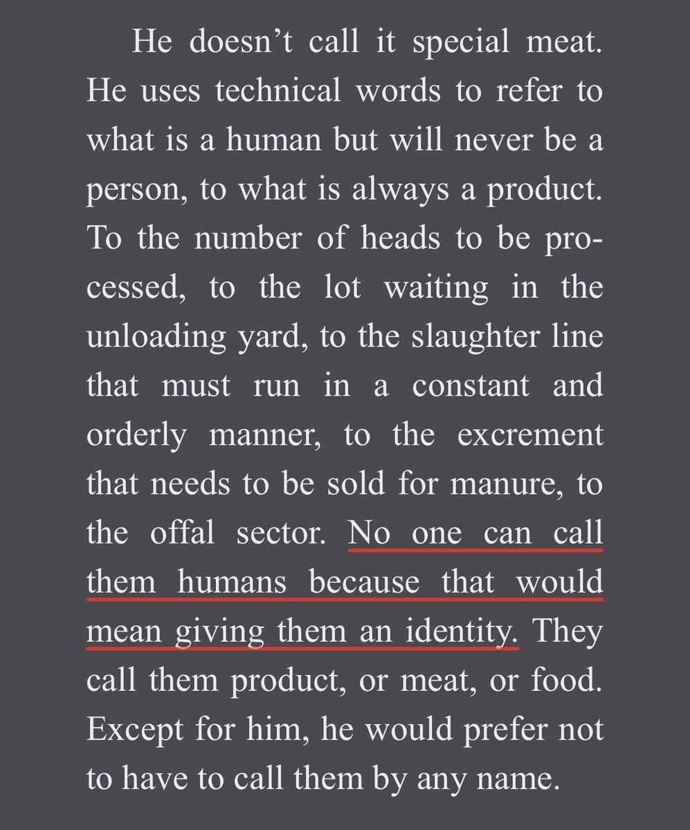 etheIing's tweet photo. this line made the book feel more unsettling &amp; cruel. the metaphorical implications are genuinely intriguing, particularly how language is weaponized to strip human beings of their humanity and reduce them to mere commodities for consumption. https://t.co/EdsnByzyP2