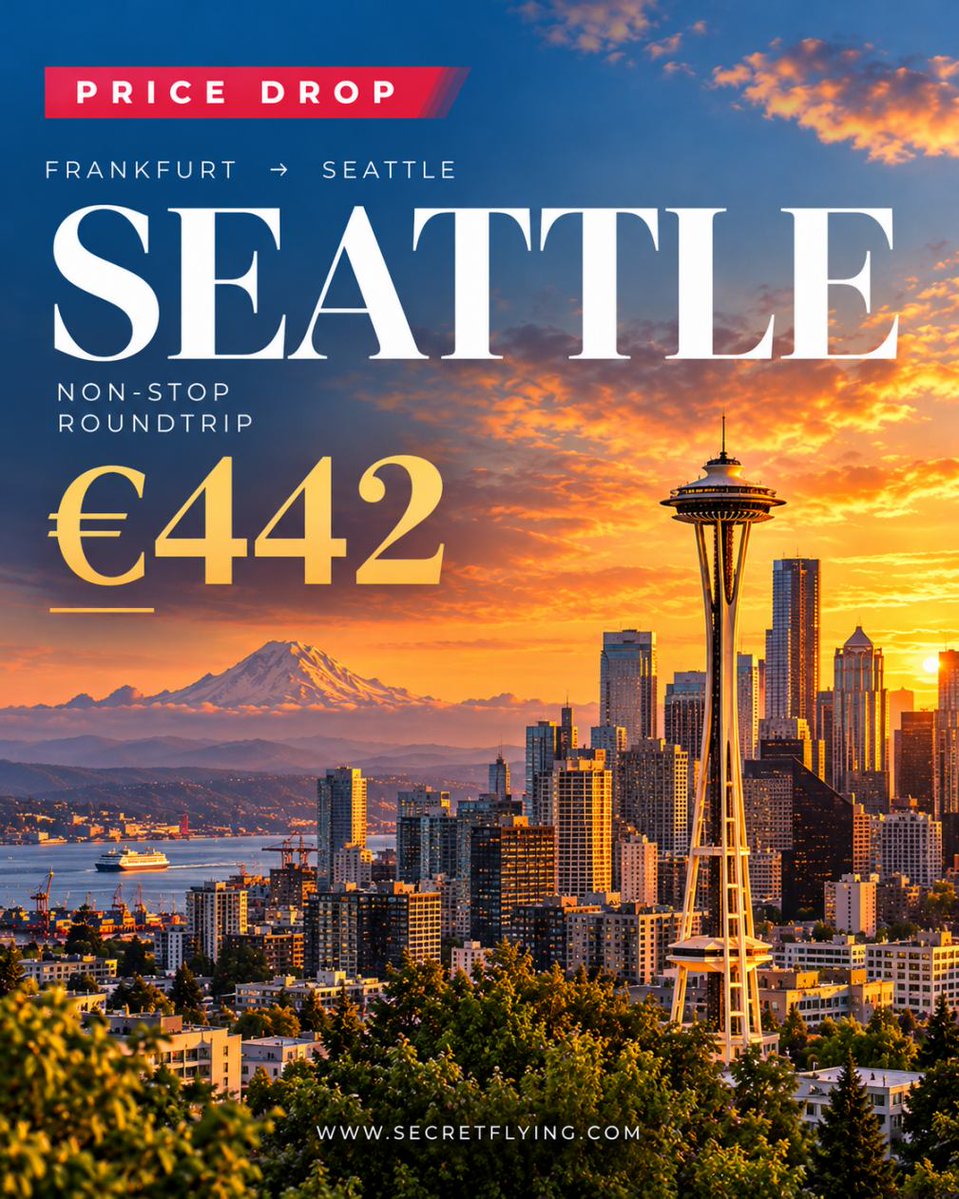 SecretFlying's tweet photo. 🚨 PRICE DROP 🚨 Non-stop from #Frankfurt, Germany to Seattle, USA for only €442 roundtrip #Travel

https://t.co/OGGgZGuyUA https://t.co/IQY6AlUQ6Z
