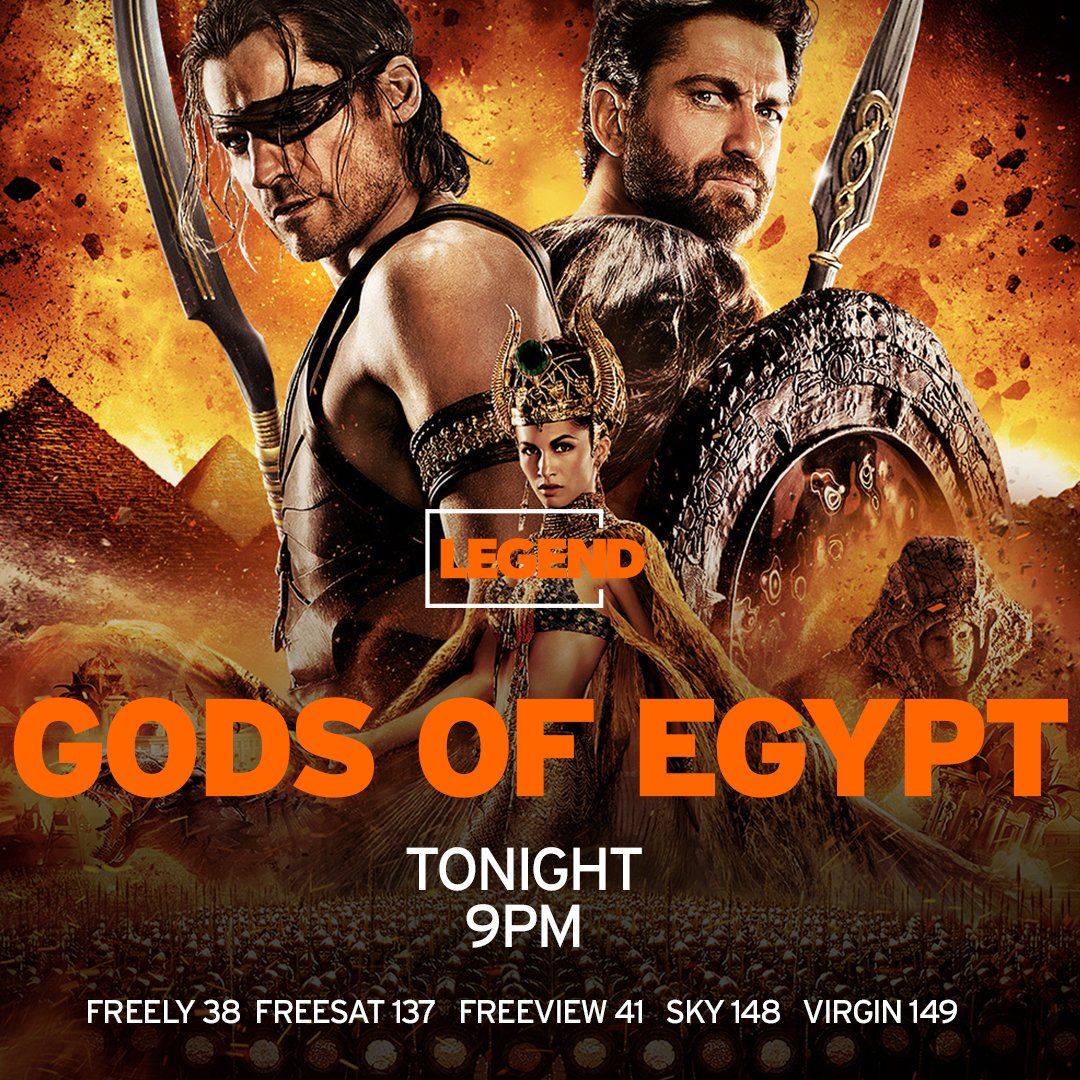 Legend__Channel's tweet photo. The battle for eternity begins tonight at 9pm, as an ancient god driven into exile seeks the aid of a thief in reclaiming his father's throne from his brother, Gerard Butler stars in Gods of Egypt.
@FreeviewTV 41, @freesat_tv 137, @skytv 148, @virginmedia 149, @Freely_tv 38 #gerardbutler
