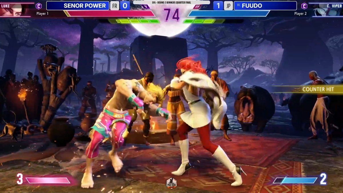A Street Fighter 6 match between Senor Power (Luke) and Fuudo (C. Viper) is underway, with the timer at 74 and a "COUNTER HIT" notification displayed. The image captures the intense fighting action, fitting the post's "Finish your plate!" message by showing the competitors actively engaged in their battle.