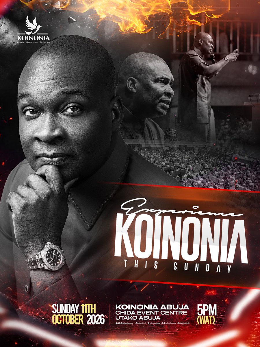 koinoniaeni's tweet photo. EXPERIENCE THE RICHES OF GOD’S WORD THIS SUNDAY AT KOINONIA ABUJA

“Let the word of Christ dwell in you richly in all wisdom...” Colossians 3:16 (KJV)

The Word of God is a treasure of divine wisdom, knowledge, and understanding. When the Word of Christ dwells richly in us, our hearts are enlightened, our lives are transformed, and we are equipped to walk in the fullness of God’s purpose.

Join us THIS SUNDAY, OCTOBER 11, 2026, at KOINONIA ABUJA for a time of fellowship and the ministry of God’s Word.

Venue: Chida Event Centre, Utako, Abuja
Time: 5 PM (WAT)

Distance is not a barrier! You can connect to the service live from anywhere in the world through our official platforms:

YouTube: Koinonia Global
Online Radio: https://t.co/kpLU9EqUi2
Facebook: Koinonia Global | Koinonia Abuja
Instagram: @koinonia.abuja | @koinoniaglobal
X (Twitter): @Koinoniaeni | @AbujaKoinonia
Threads: @koinonia.abuja

We encourage you to share this invitation with someone. 

Come expectant for a mighty move of the Holy Spirit. See you onsite or online!

#KoinoniaAbuja
#KoinoniaGlobal
#TheYearOfDeliveranceAndExemption