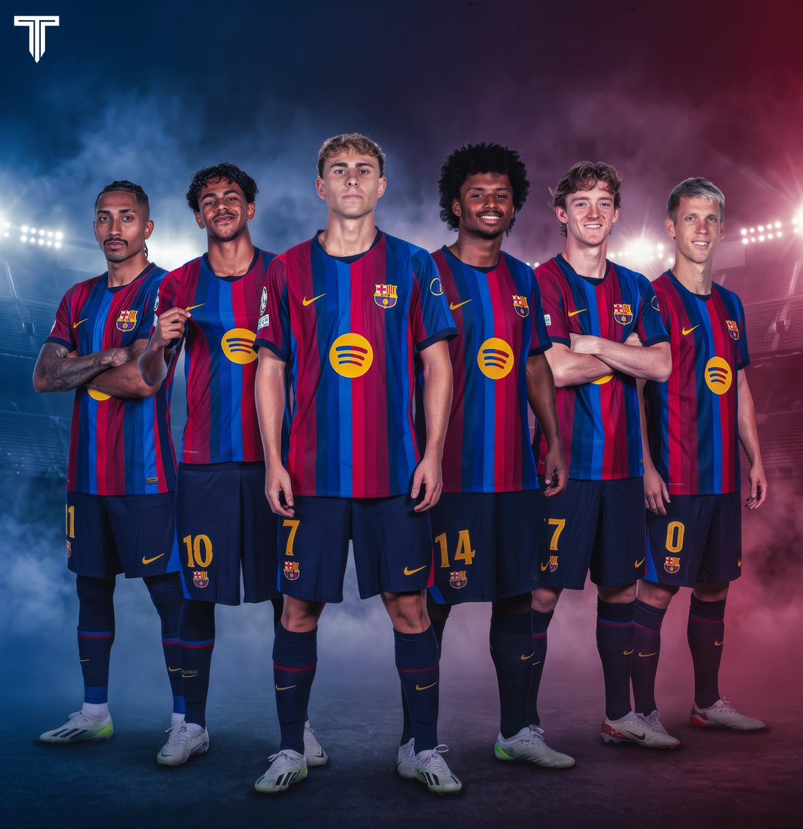 TouchlineX's tweet photo. 🚨 𝗡𝗘𝗪: The best attack in the world plays today.

• Raphinha: 14 goals, 3 assists in 8 games

• Lamine Yamal: 8 goals, 6 assists in 8 games

• Fermin Lopez: 4 goals, 2 assists in 7 games

• Karim Adeyemi: 3 goals, 2 assists in 8 games

• Gabriel Jesus: 2 goals, 0 assists in 4 games

• Anthony Gordon: 0 goals, 4 assists in 7 games

• Dani Olmo: 0 goals, 3 assists in 8 games
