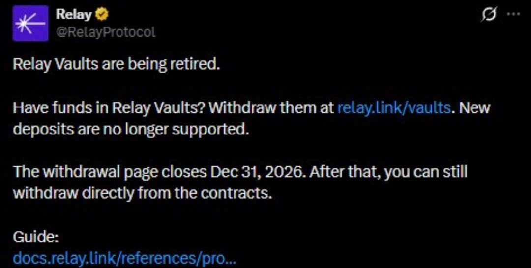 _CryptoScout's tweet photo. ⚠️ Important Update: @RelayProtocol Vaults Are Being Retired!

If you have funds in Relay Vaults, withdraw them before December 31, 2026.

🔹 New deposits are no longer supported

🔹 Swaps, bridges & payments continue to work normally

🔹 After Dec 31, 2026, withdrawals will be available directly through the contracts.

Stay informed and keep your funds safe. 🔐

#RelayProtocol #DeFi