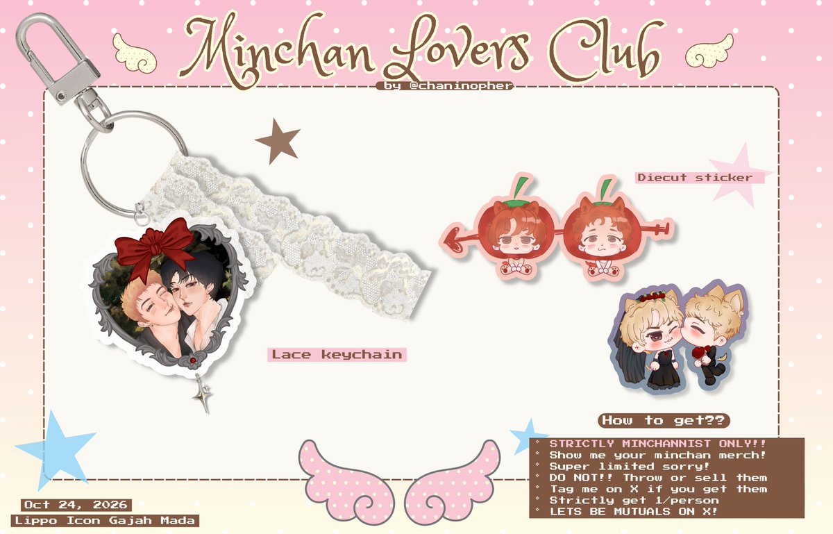 chaninopher's tweet photo. (Rt &amp; likes r appreciated <3)

Lovers Club Freebies by @chaninopher ִֶָ. ..𓂃 ࣪ ִֶָ🪽་༘࿐

ꢤ Oct 24, 2026
ꢤ Lippo Icon Gajah Mada
ꢤ time tba

⋆｡‧˚ʚ ୨ see you soon ৎ ɞ˚‧｡⋆ https://t.co/dS5iUdWEhP