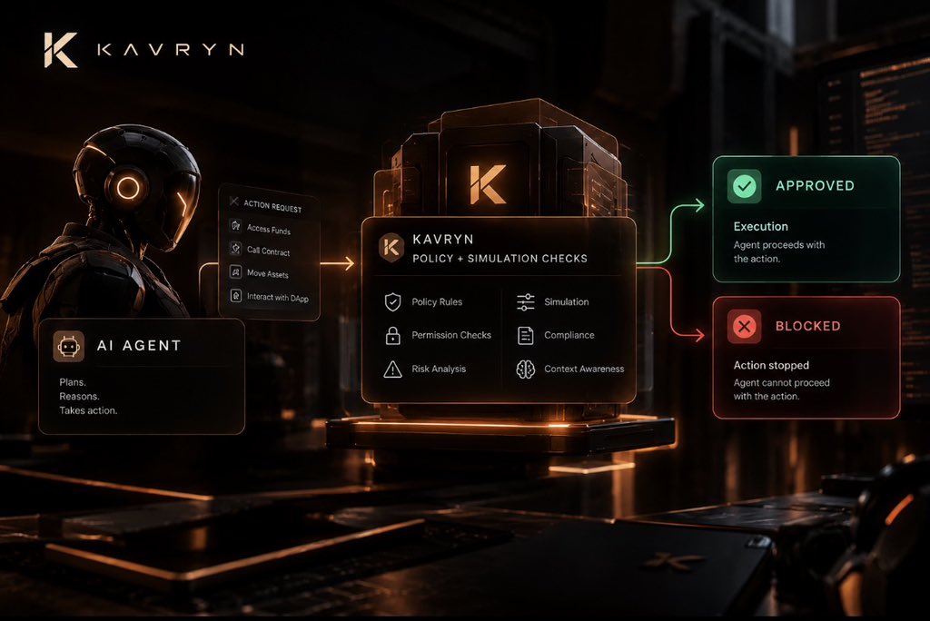 BrownVerse's tweet photo. AI agents can plan, reason, and execute actions. But how do we ensure they stay within their authority?

That’s where KAVRYN comes in.

Before an action proceeds, KAVRYN’s control layer evaluates it against defined policies and simulation checks.

✅ Approved: The action can proceed to execution.

🛑 Blocked: The action is stopped when it doesn’t meet the required controls.

The idea is simple: AI agents need more than the ability to act. They need boundaries that govern what they’re allowed to do.

Autonomy needs control. That’s what KAVRYN is building. 🟠

@KavrynProtocol