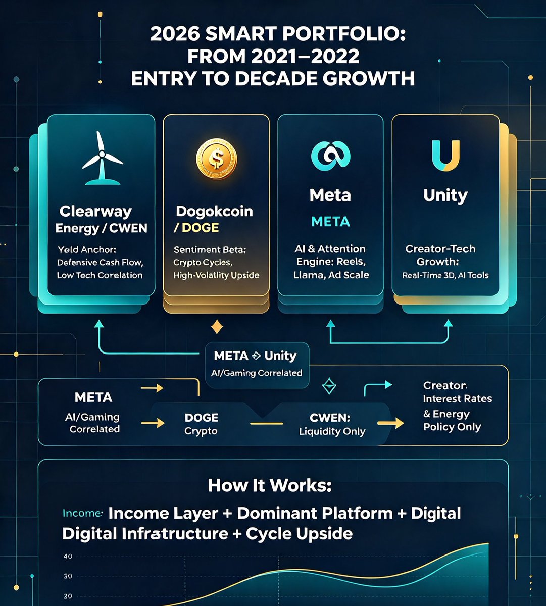 pisonpeak's tweet photo. The relationship between Clearway energy, Dogecoin, Meta and unity stocks in 2026. A Smart portfolio captures a decade of tech growth 📈! 
@clearway_energy 
@dogecoin 
@Meta 
@unity https://t.co/BA3YI4uhrM